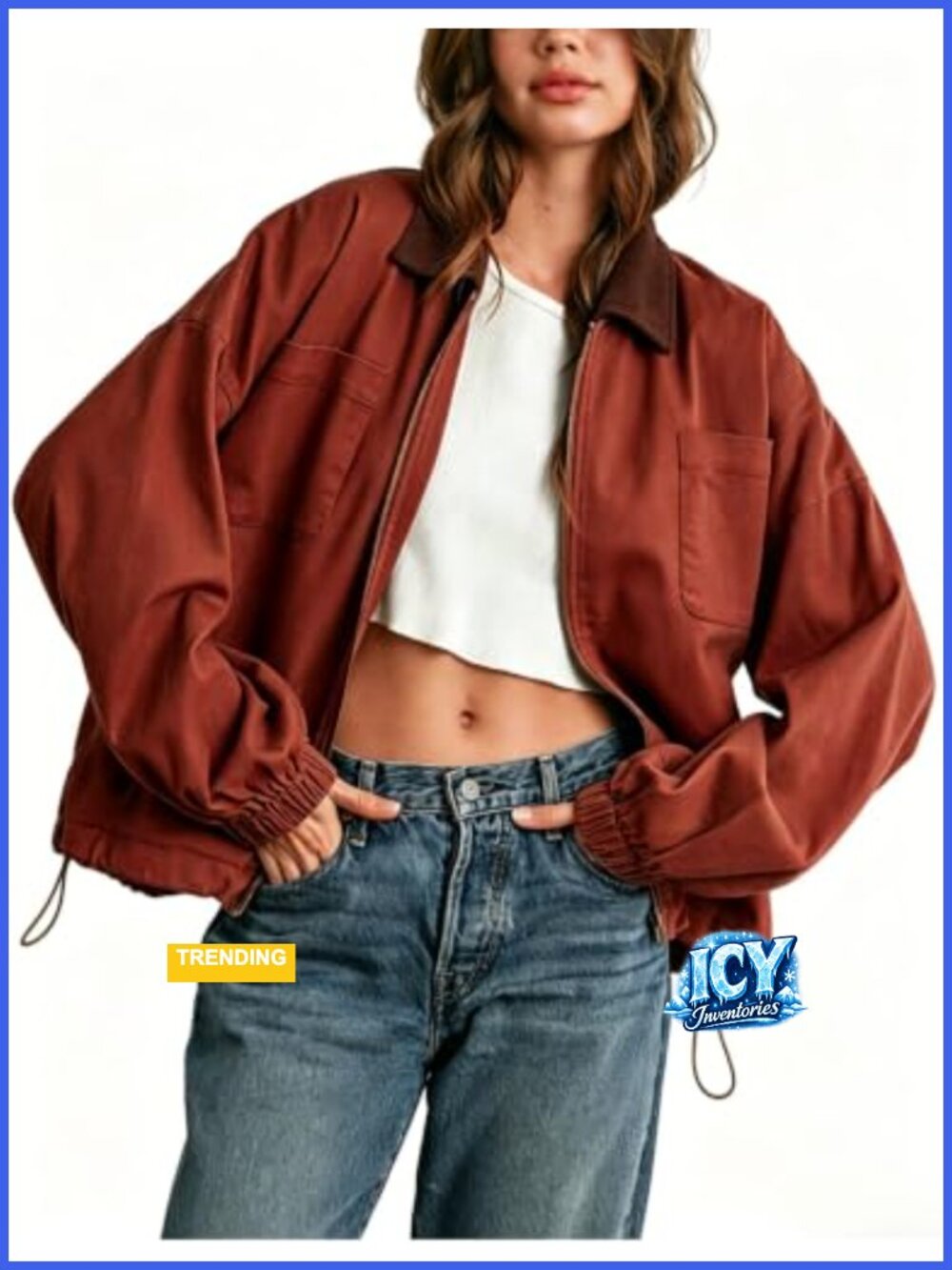 Women's Barn Jacket Corduroy Collar Zipper Utility Jacket Cinchable Hem